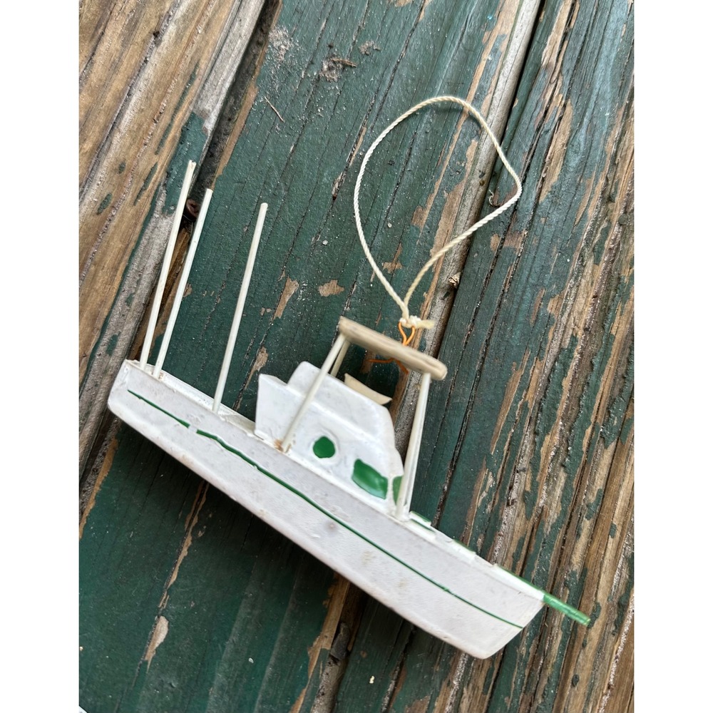 Vintage Wooden Fishing Boat Christmas Ornament Nautical Sport Fisherman 5 Inch